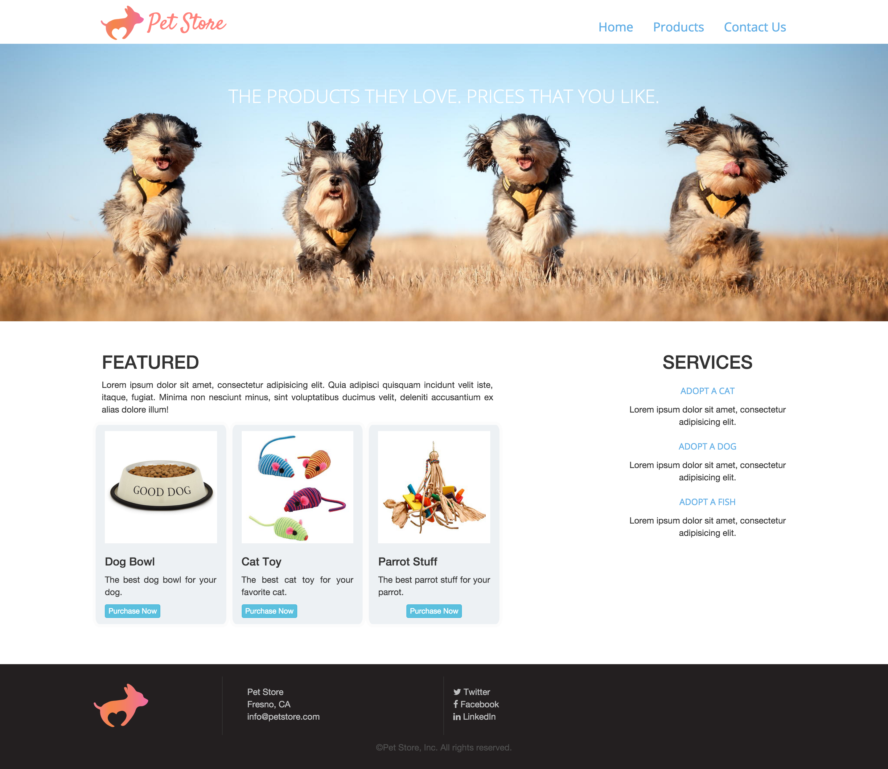 pet store home page example